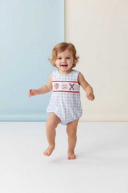 BLUE PLAID BASEBALL EMBROIDERY BOY BUBBLE