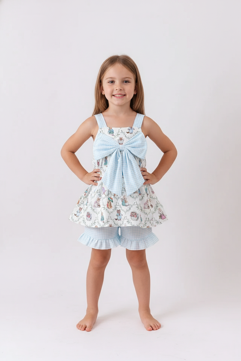 BLUE BUNNY BOW RUFFLE SHORTS SET