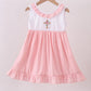 PINK CROSS JACQUARD EMBROIDERY RUFFLE DRESS