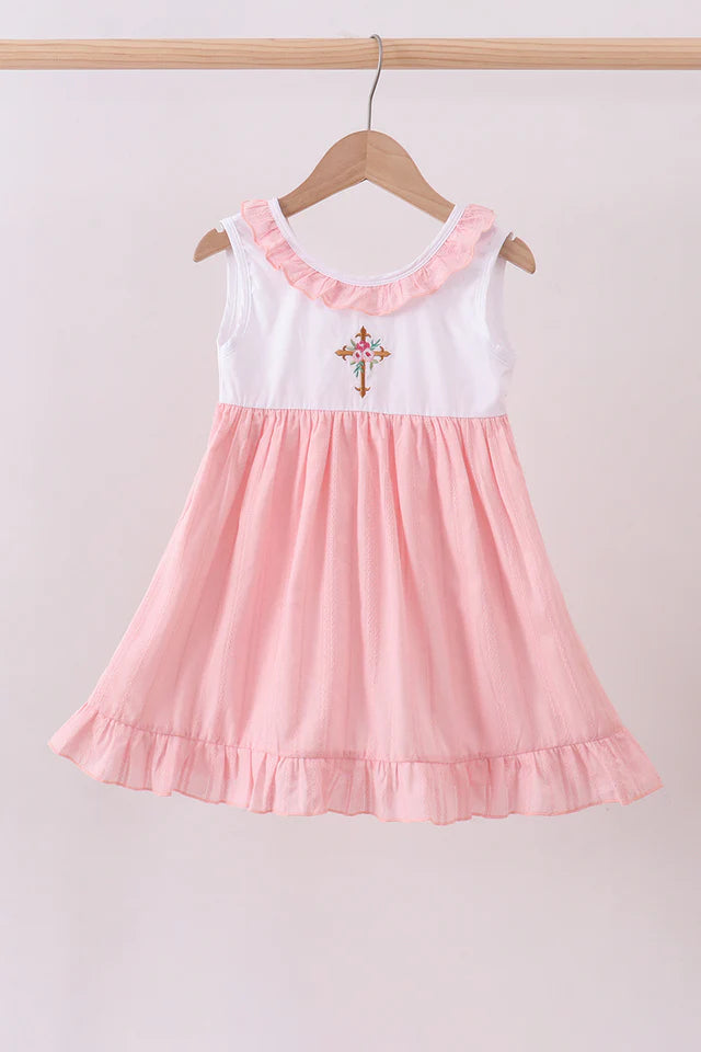 PINK CROSS JACQUARD EMBROIDERY RUFFLE DRESS