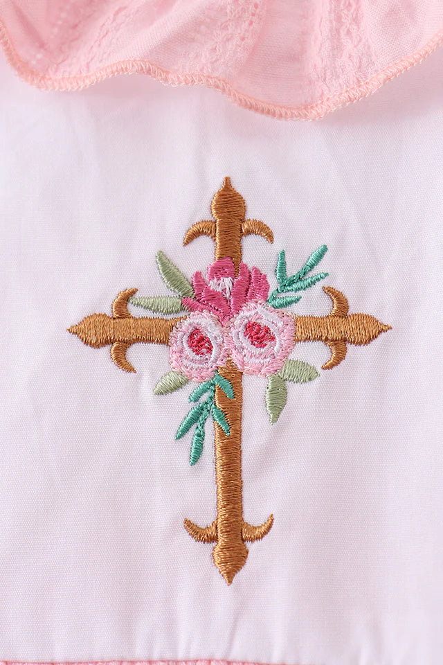 PINK CROSS JACQUARD EMBROIDERY RUFFLE DRESS