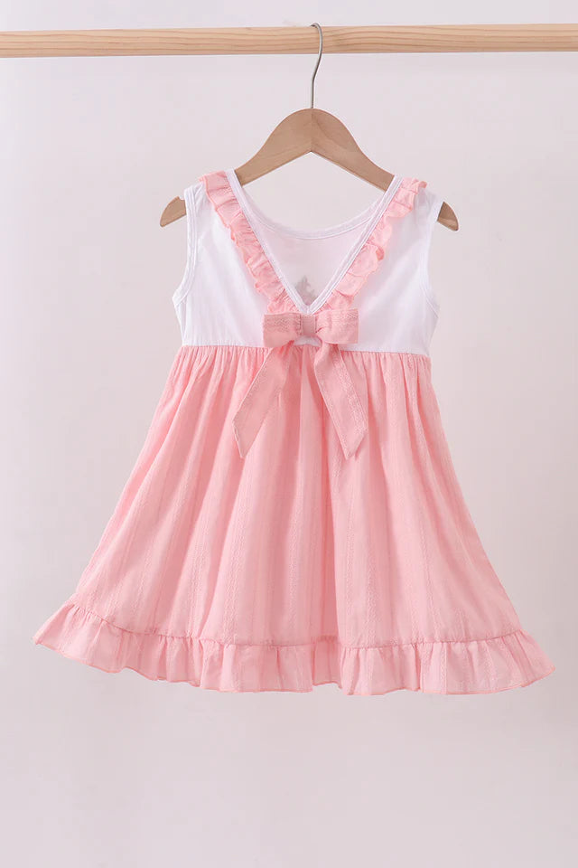 PINK CROSS JACQUARD EMBROIDERY RUFFLE DRESS