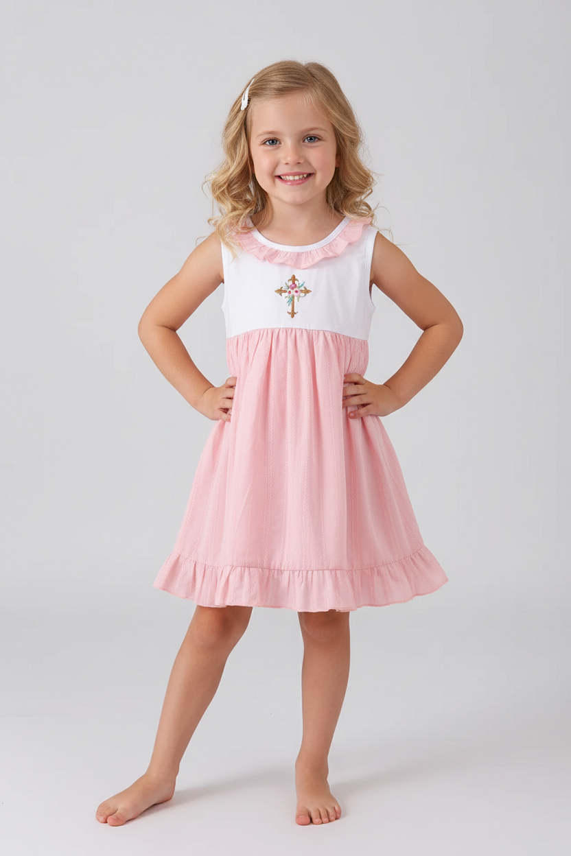 PINK CROSS JACQUARD EMBROIDERY RUFFLE DRESS