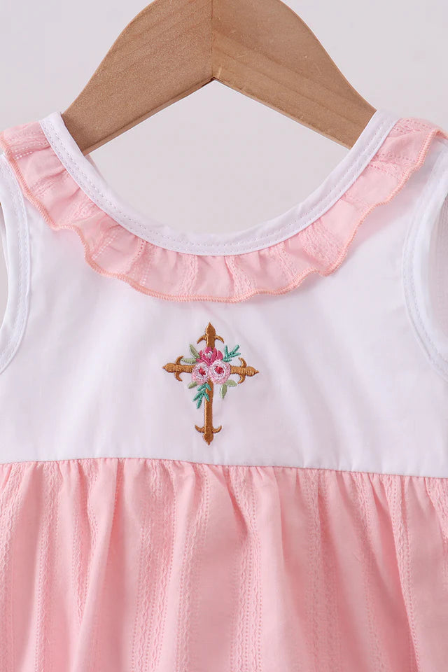 PINK CROSS JACQUARD EMBROIDERY RUFFLE BUBBLE