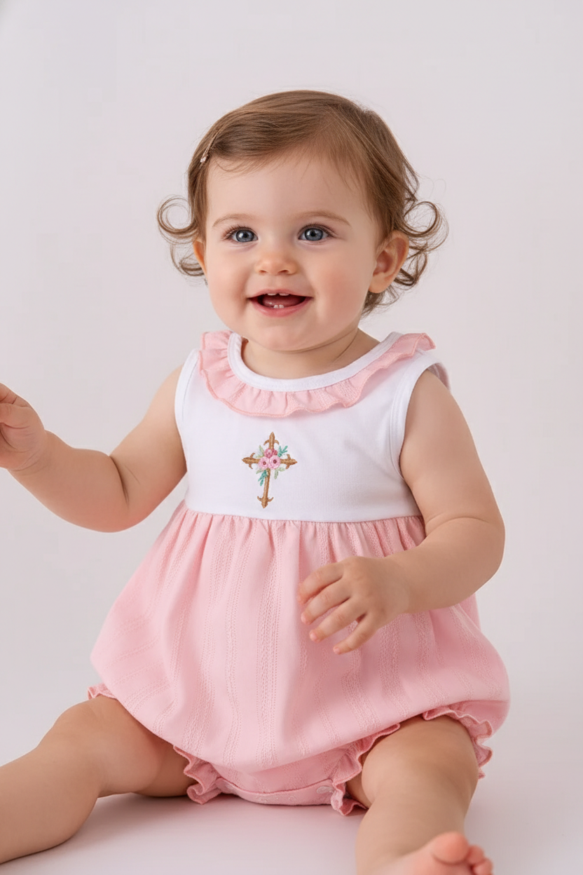 PINK CROSS JACQUARD EMBROIDERY RUFFLE BUBBLE