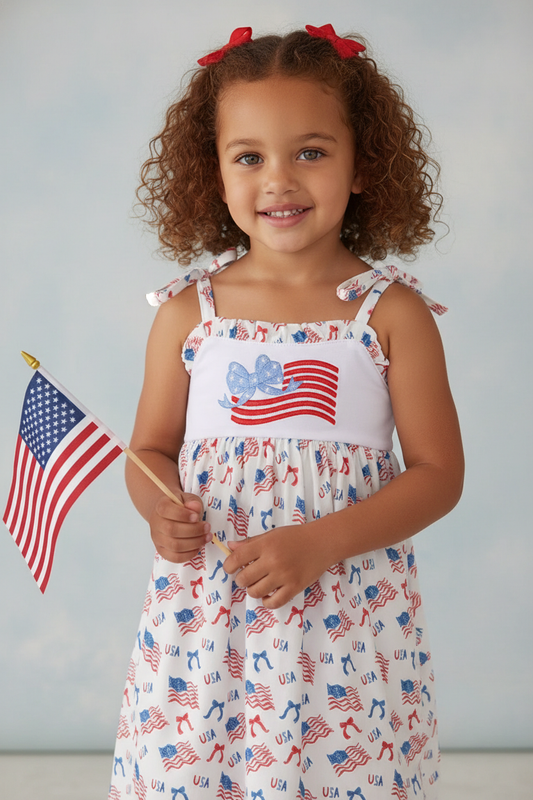 FLAG EMBROIDERY PRINT RUFFLE DRESS