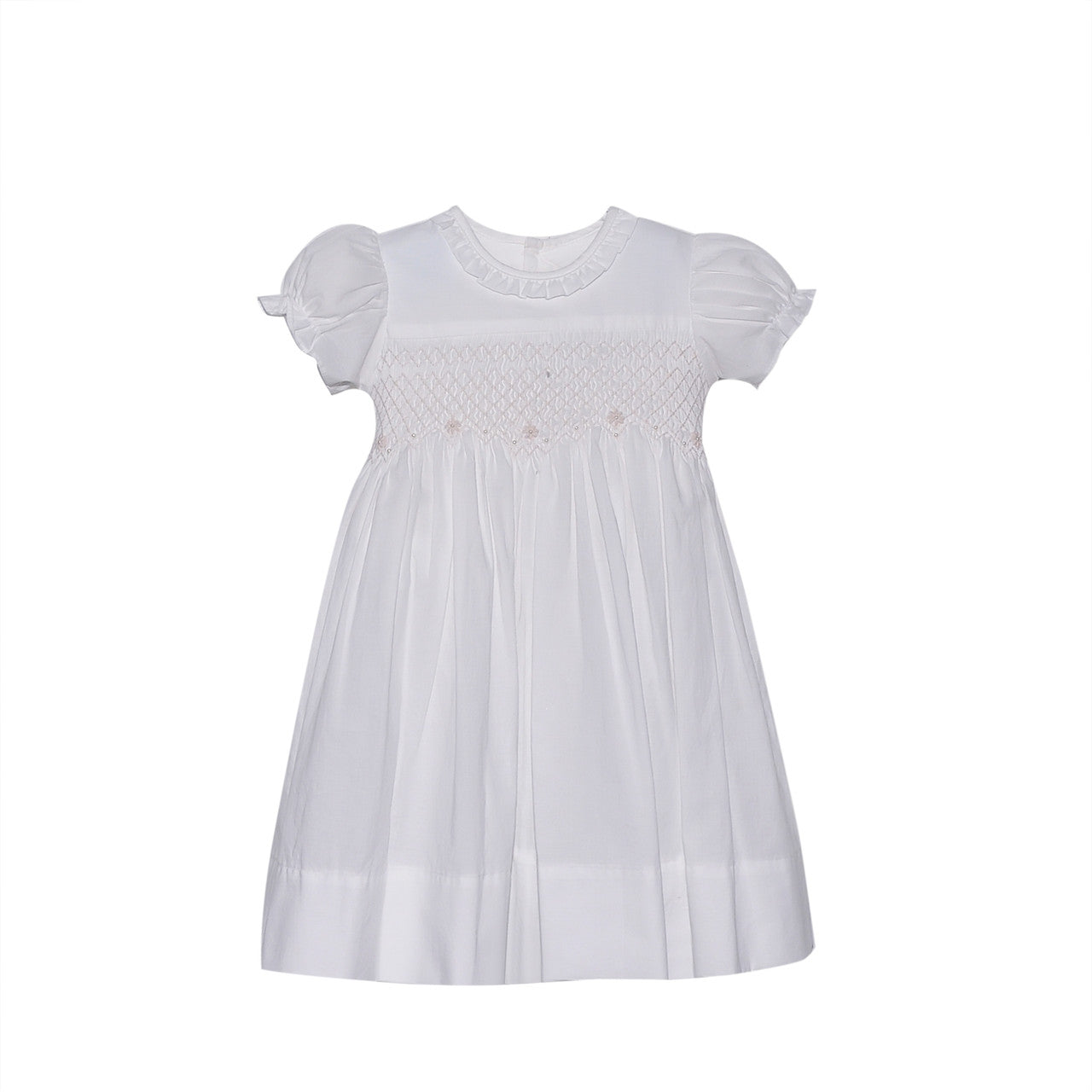 Penelope Handsmocked White Dress with Bow Back and Pearl Accents