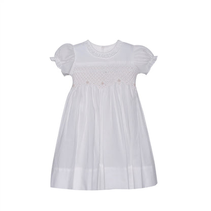 Penelope Handsmocked White Dress with Bow Back and Pearl Accents