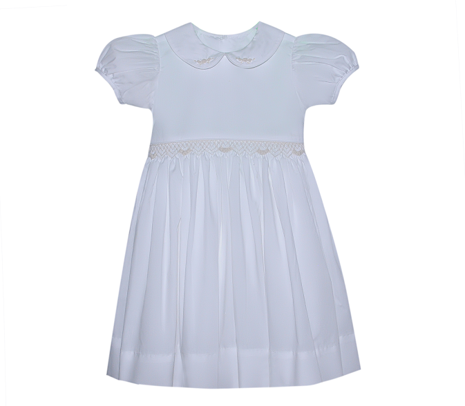 White Handsmocked and Handstiched White Dress -Bow Back