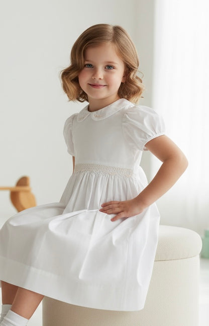 White Handsmocked and Handstiched White Dress -Bow Back