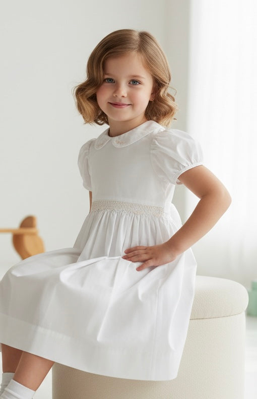 White Handsmocked and Handstiched White Dress -Bow Back