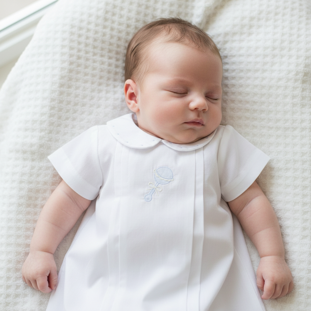 Embroidered and handstitched blue rattle daygown with delicate detailing