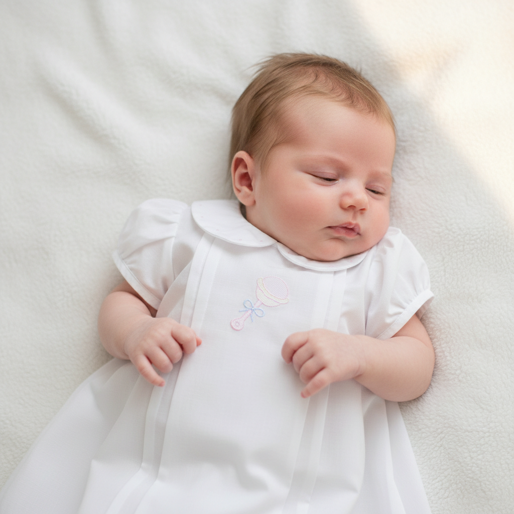 Embroidered and Handstiched Rattle Girl Daygown