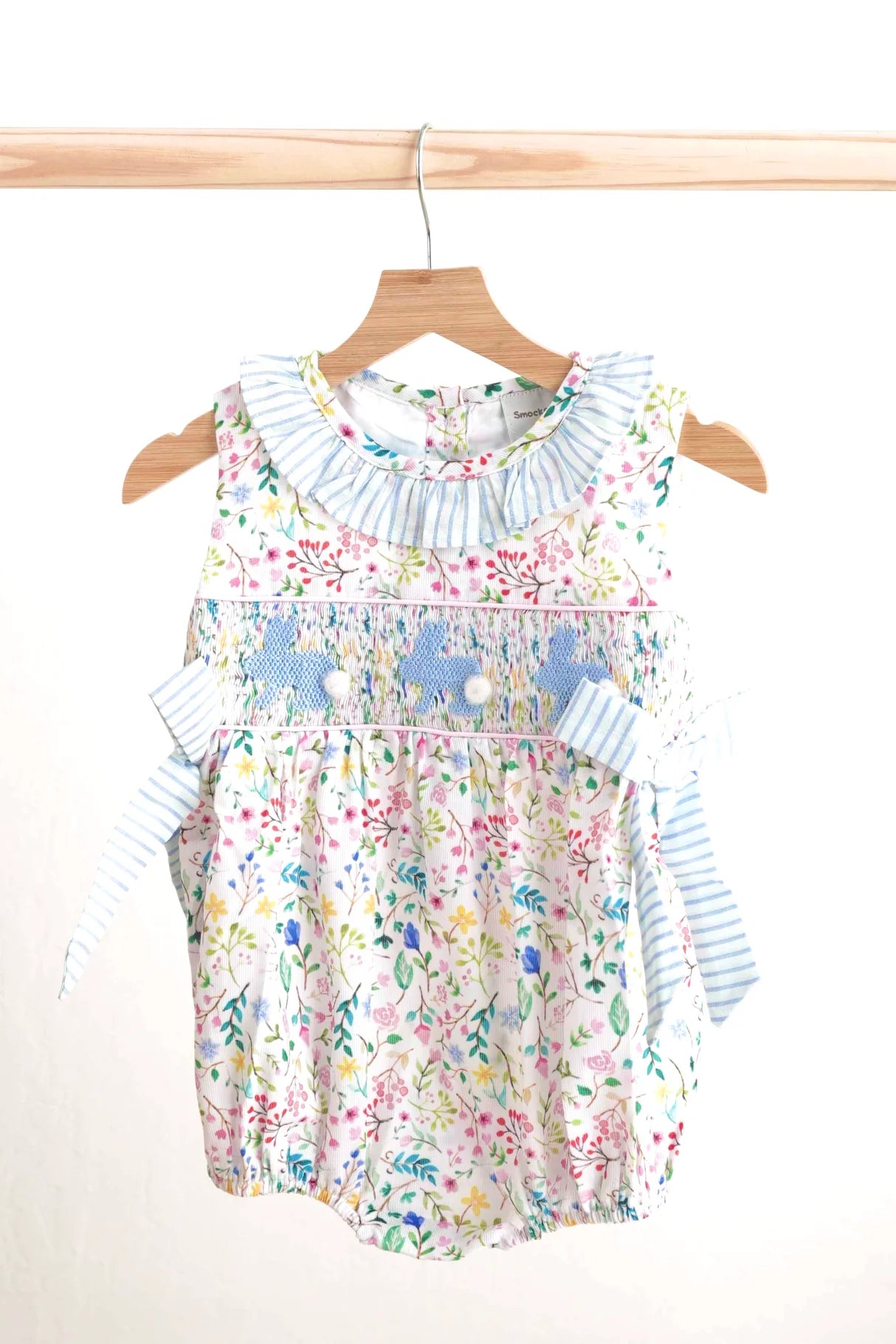 FLORAL EASTER BUNNY HAND-SMOCKED GIRL BUBBLE