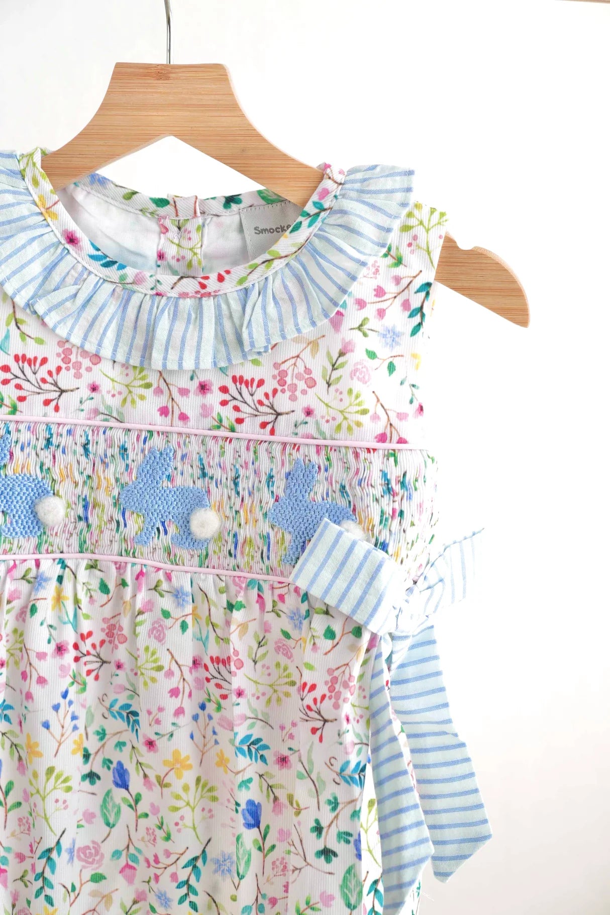 FLORAL EASTER BUNNY HAND-SMOCKED GIRL BUBBLE