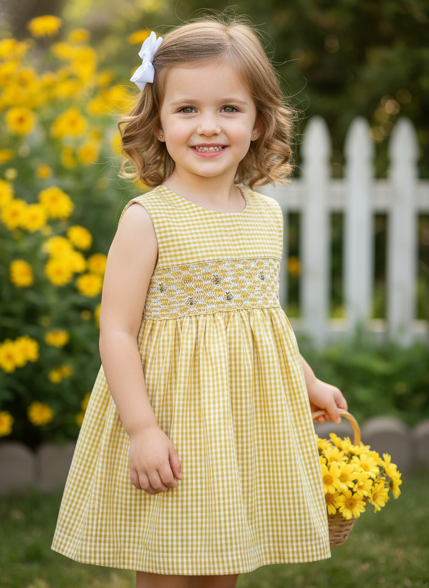 Bumble Bee hand smocked dress detailed stitching