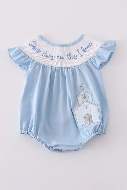 BLUE JESUS LOVES ME THIS I KNOW SMOCKED BUBBLE