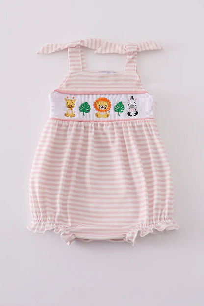 PINK STRIPE ANIMAL EMBROIDERY SMOCKED BUBBLE