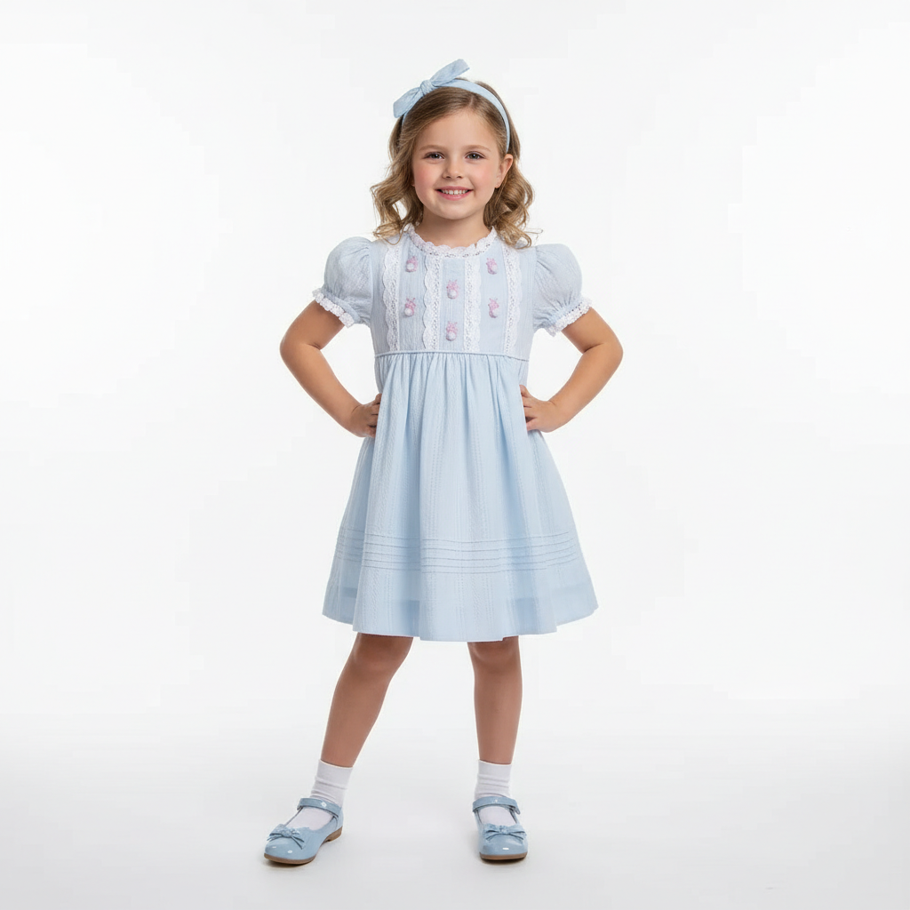 Embroidered rabbit light blue linen girl dress