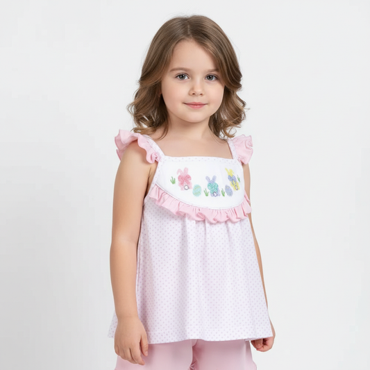 Hand-smocked white with tiny pink dot printed baby 2 pcs set