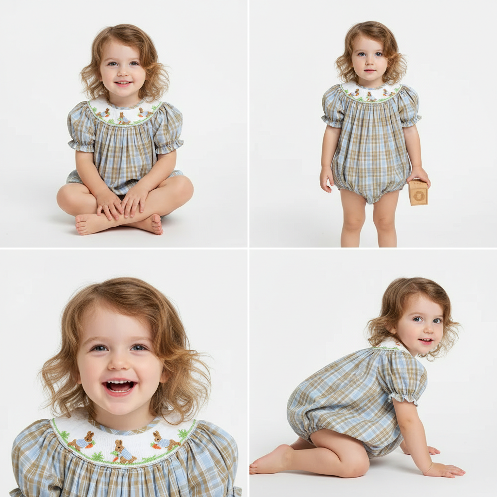 Handsmocked Baby girl bubble with cute bunny and carrot