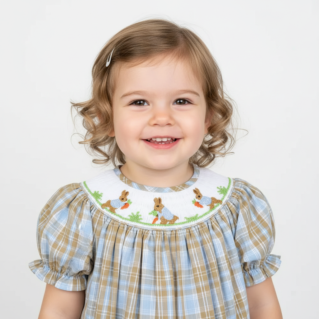 Handsmocked Baby girl bubble with cute bunny and carrot