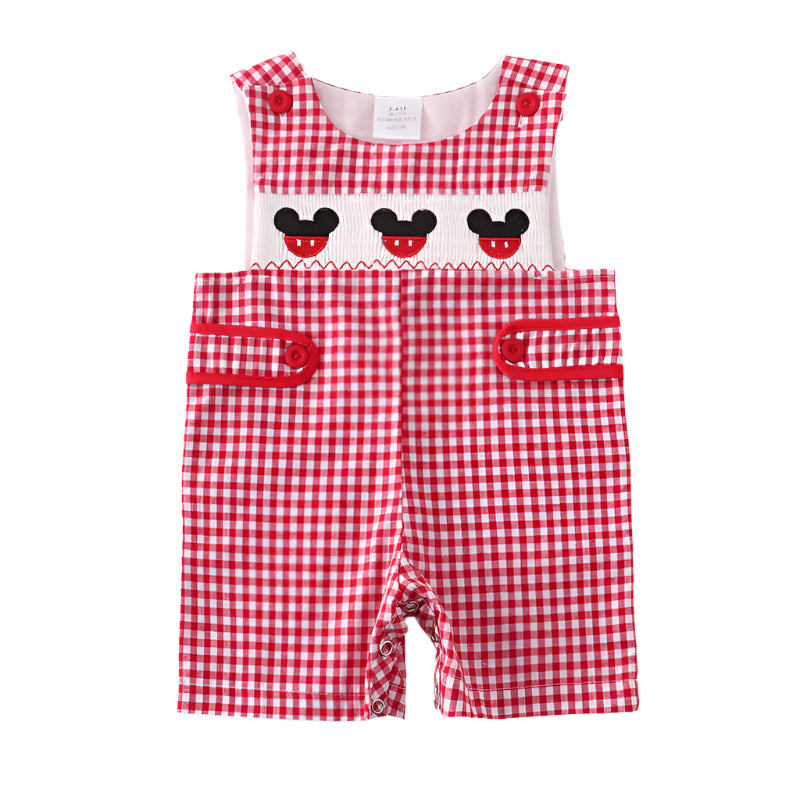Boys Gingham Mickey Embroidered Smocked Romper