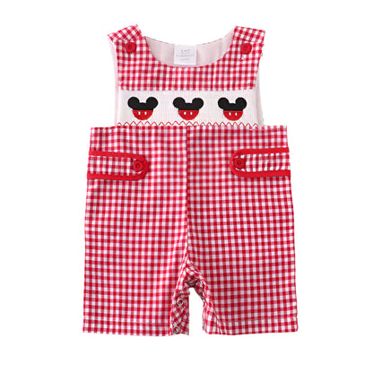 Boys Gingham Mickey Embroidered Smocked Romper