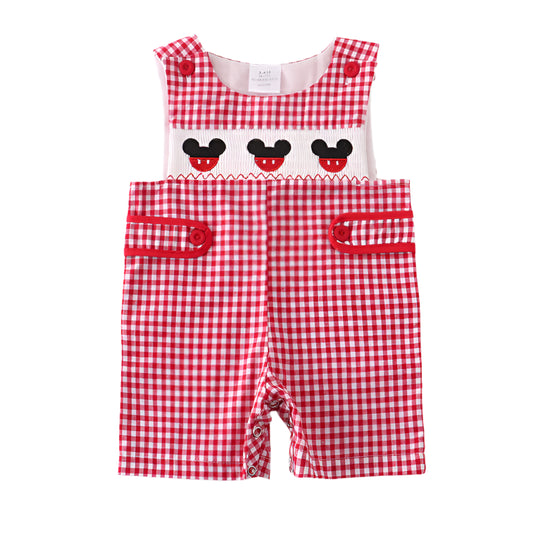 Boys Gingham Mickey Embroidered Smocked Romper