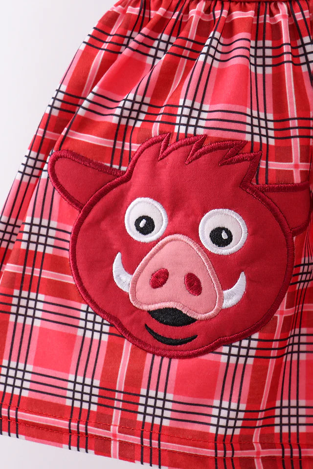 PIG APPLIQUE PLAID BLOOMER SET