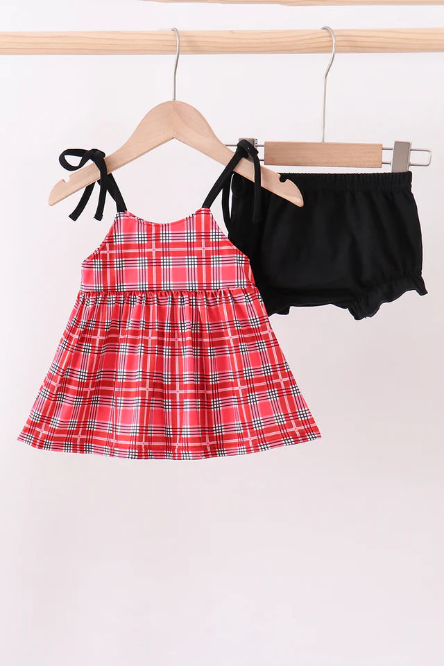 PIG APPLIQUE PLAID BLOOMER SET