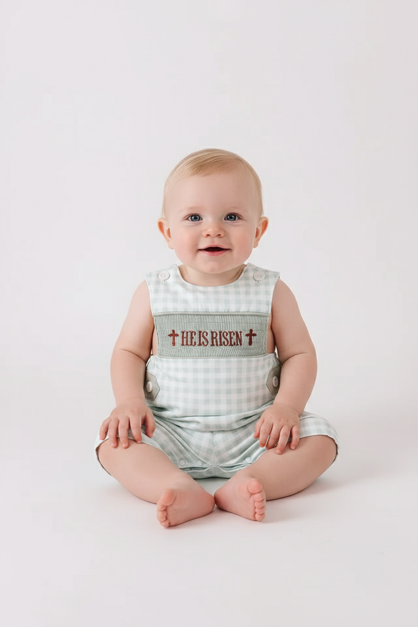 SAGE HE IS RISEN SMOCKED GINGHAM JONJON