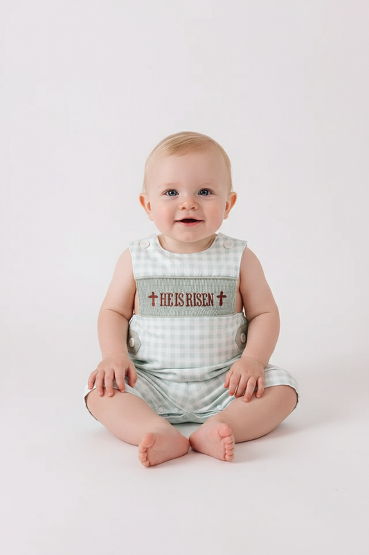 SAGE HE IS RISEN SMOCKED GINGHAM JONJON