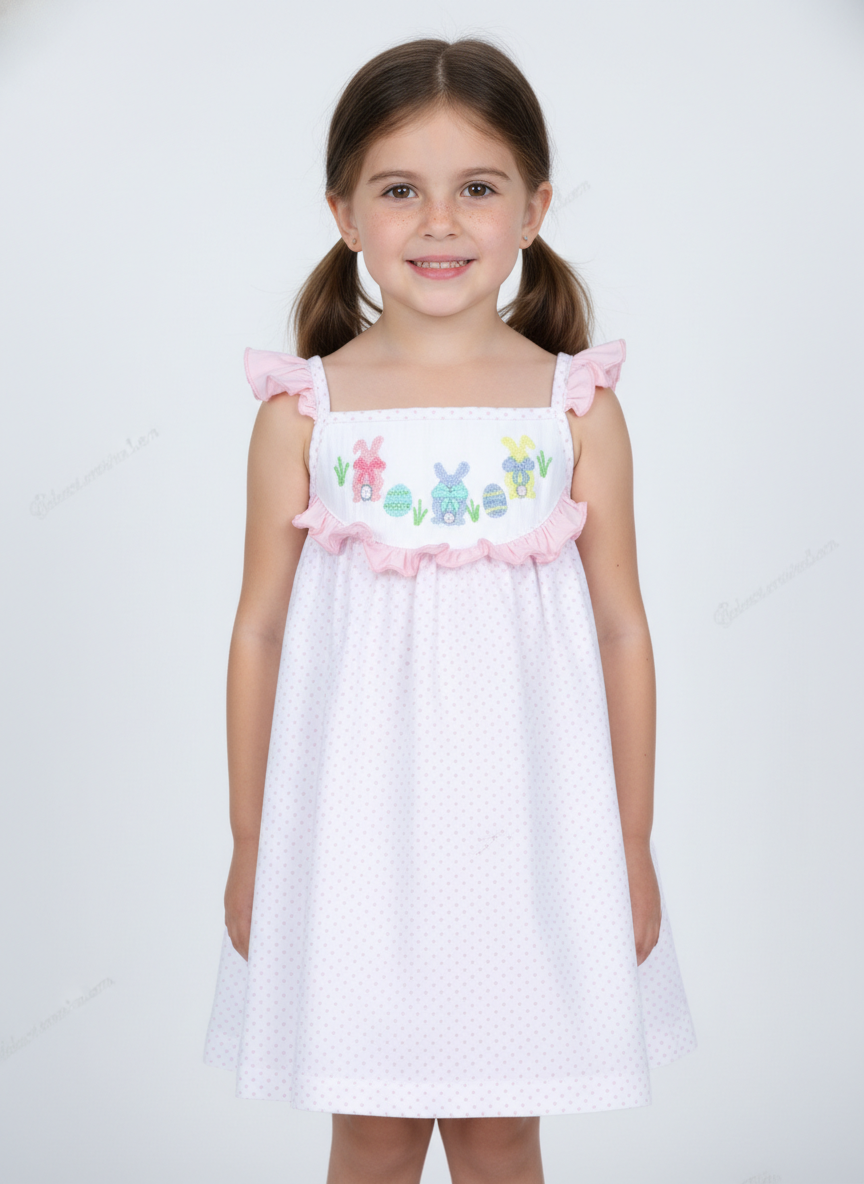 Hand-smocked Easter theme in white with tiny pink dot printed fabric dress