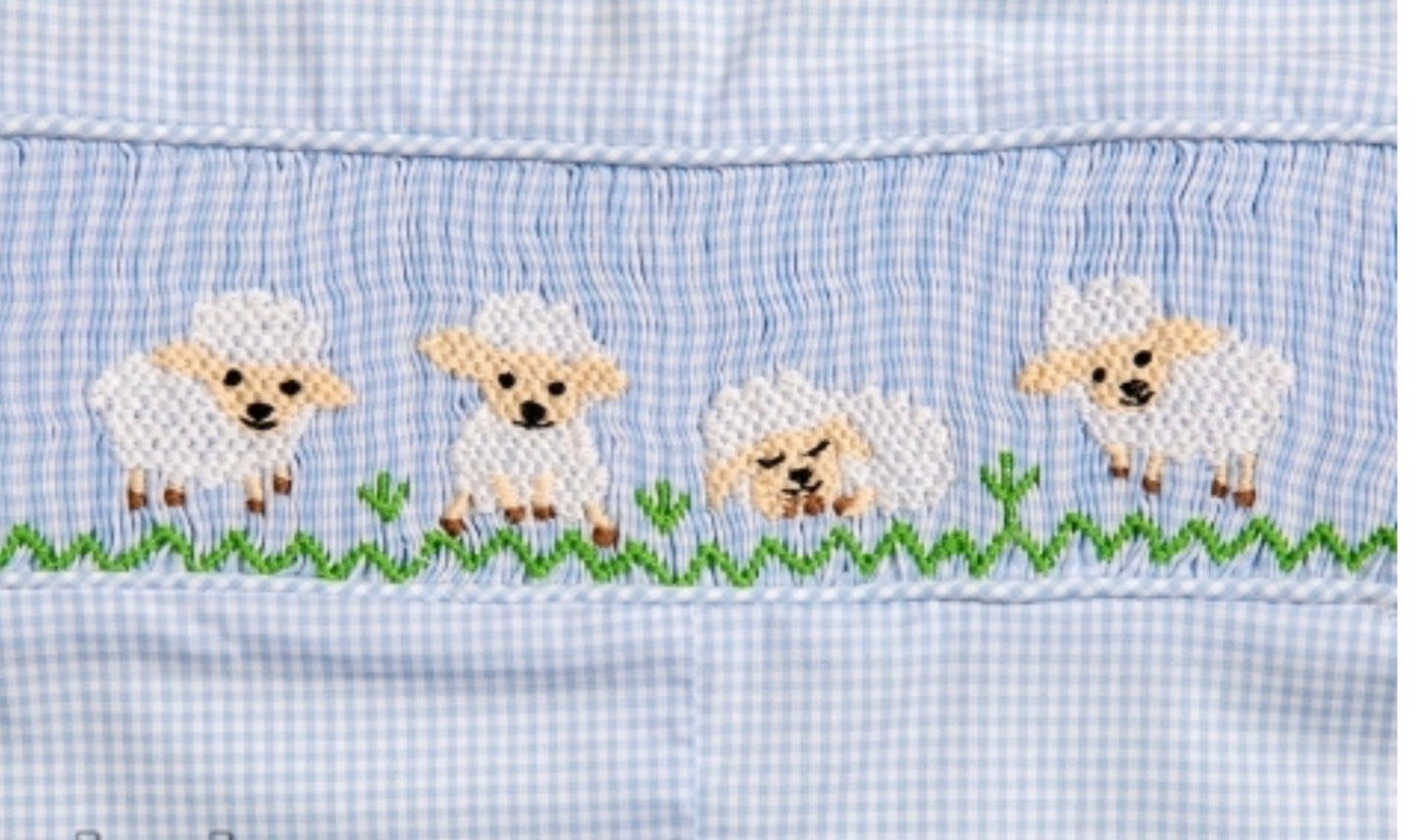 Smocked sheep boy blue gingham shortall -handsmocked
