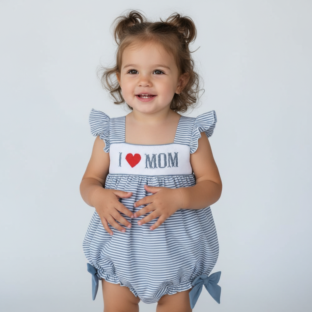 Girls' I LOVE MOM handsmocked bubble dress with bows for special occasions