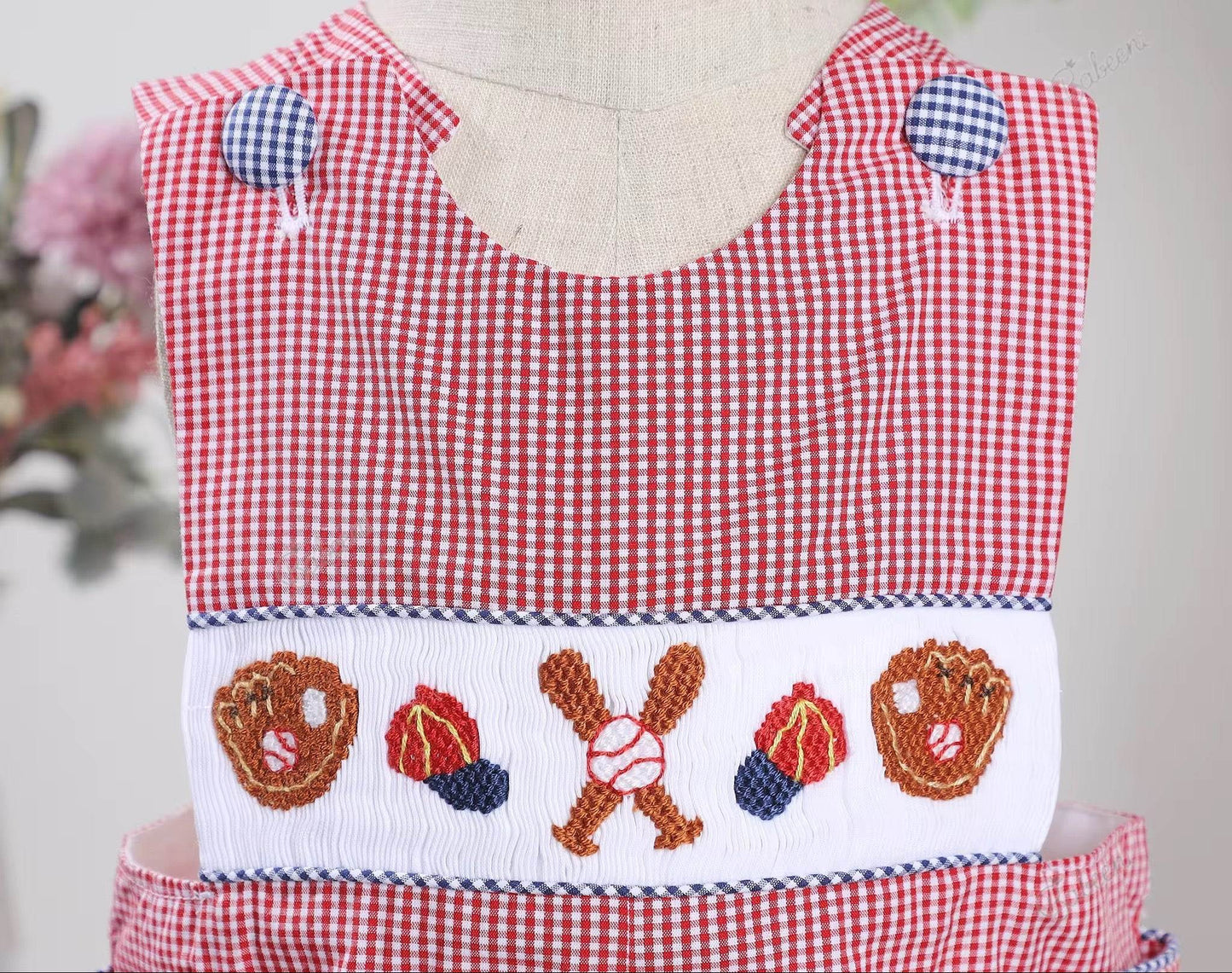 Baseball  Hand smocked red gingham Shortall