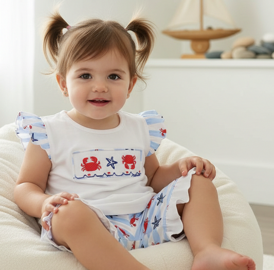 Smocked crab and starfish girl short set
