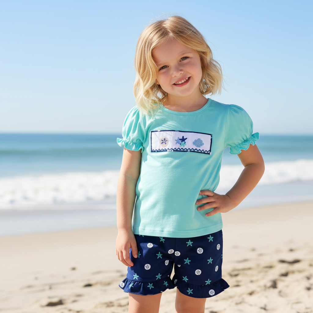 Summer girl set with mint smocked starfish top and ruffle shorts in navy knit fabric
