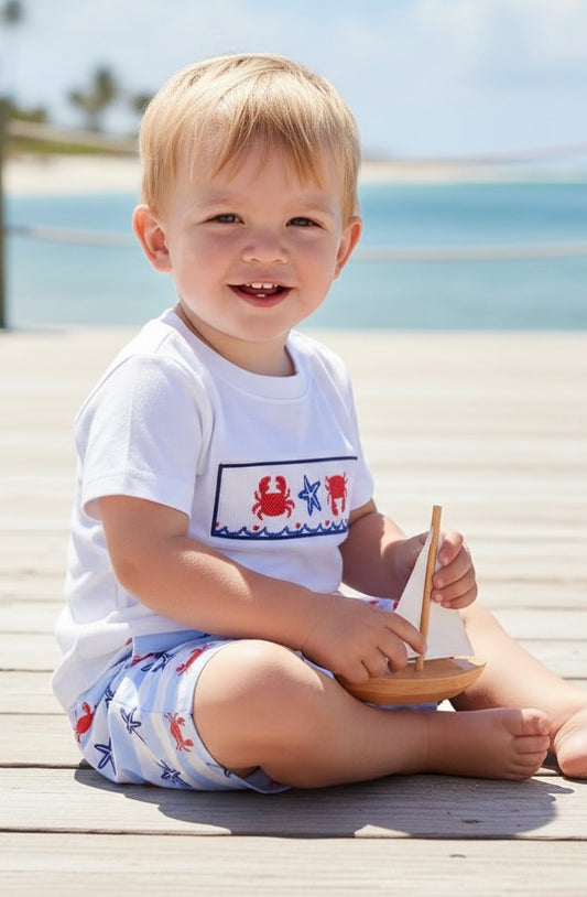 Smock crab and starfish boy short set red and navy