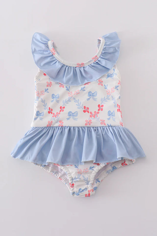 BLUE BOW LATTICE PRINT SWIMSUIT