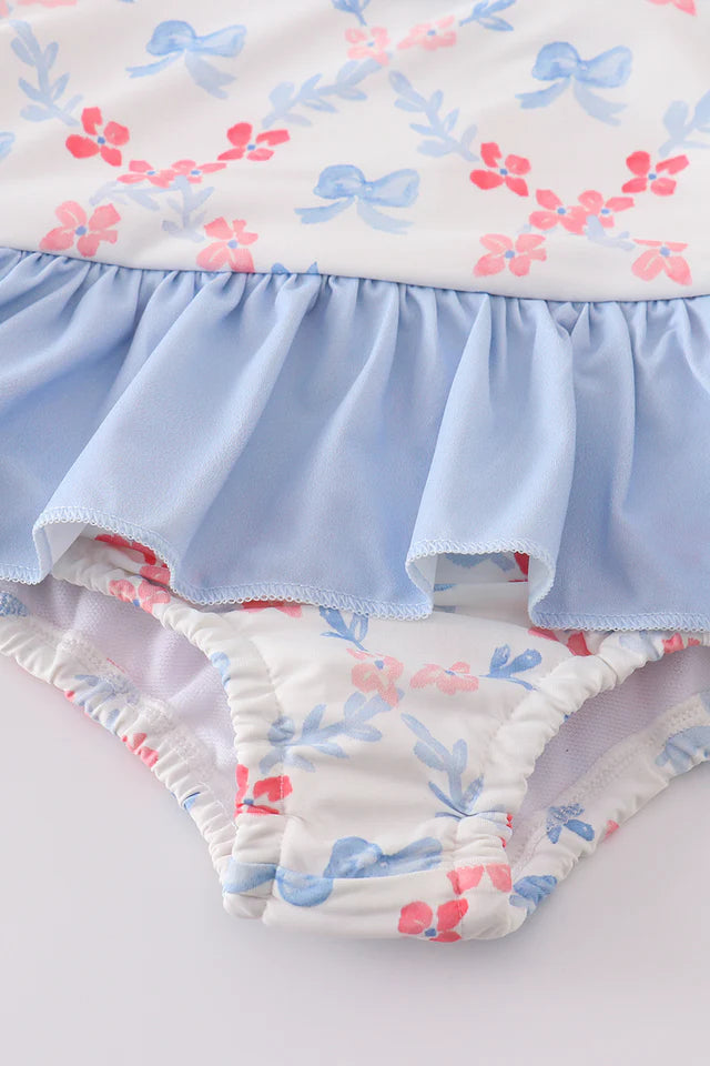 BLUE BOW LATTICE PRINT SWIMSUIT