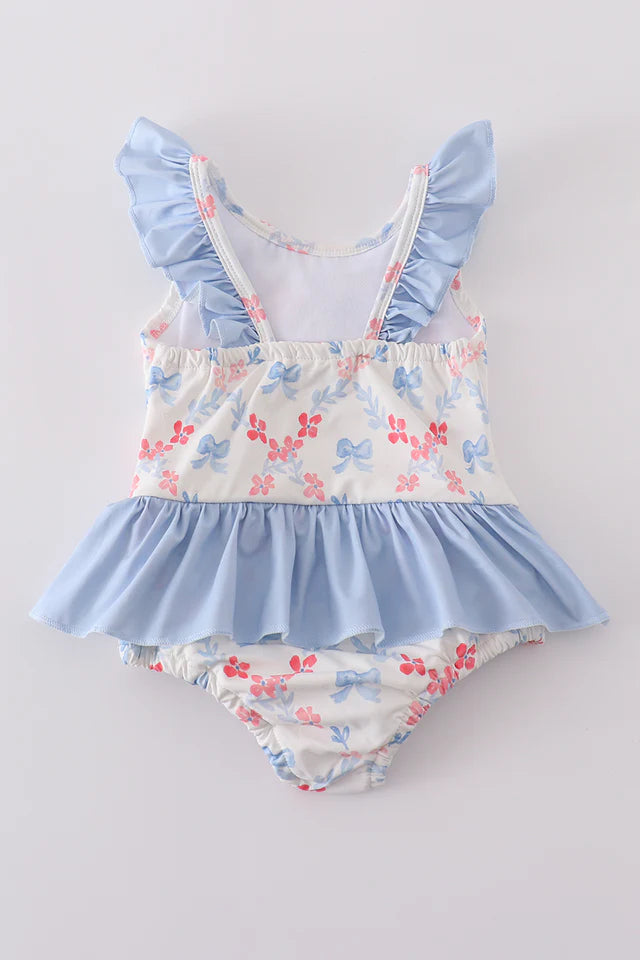 BLUE BOW LATTICE PRINT SWIMSUIT