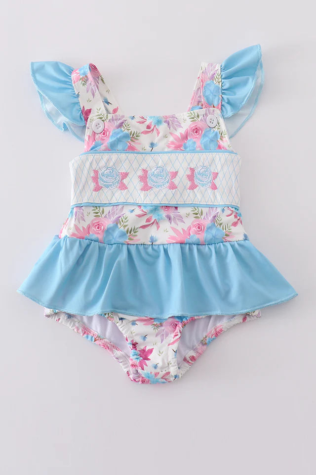 BLUE FLORAL EMBROIDERY ONE-PIECE SWIMSUIT