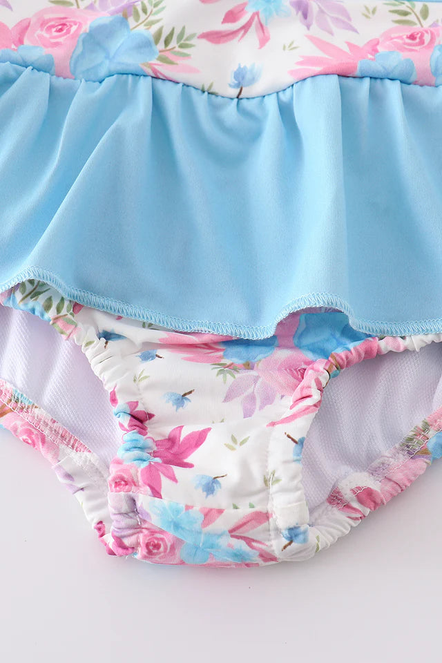 BLUE FLORAL EMBROIDERY ONE-PIECE SWIMSUIT