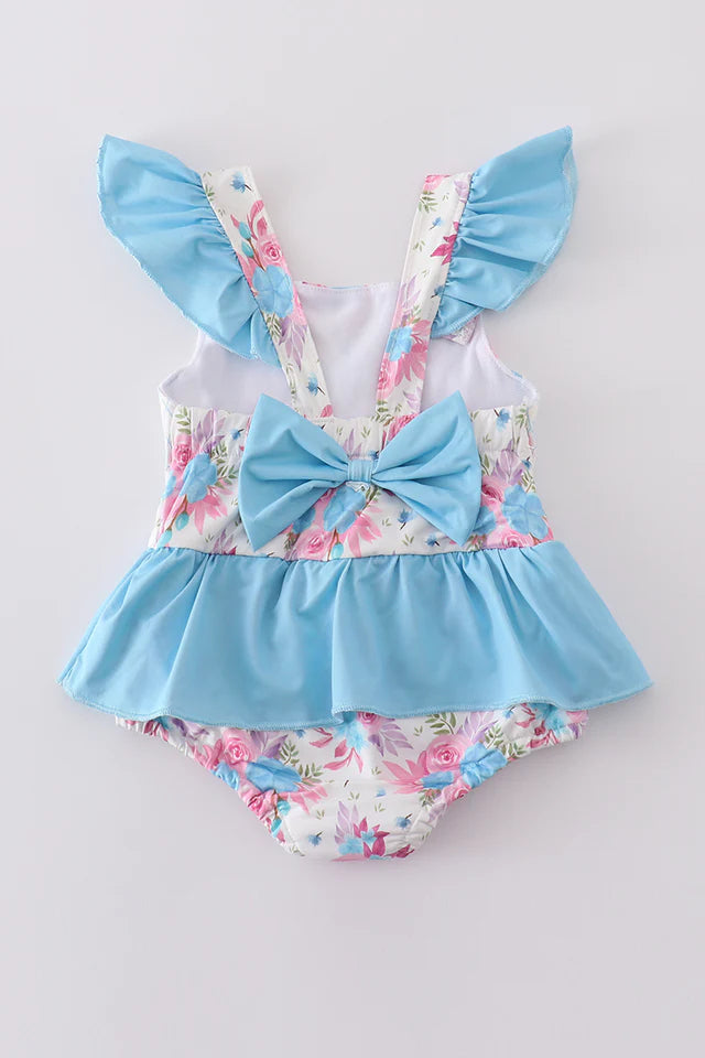 BLUE FLORAL EMBROIDERY ONE-PIECE SWIMSUIT