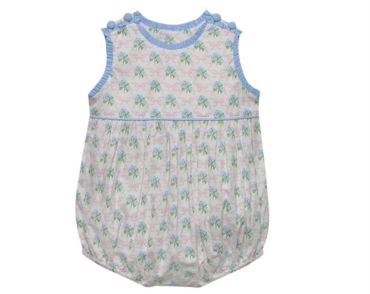 Floral Blue Floral and Bow ruffle Romper