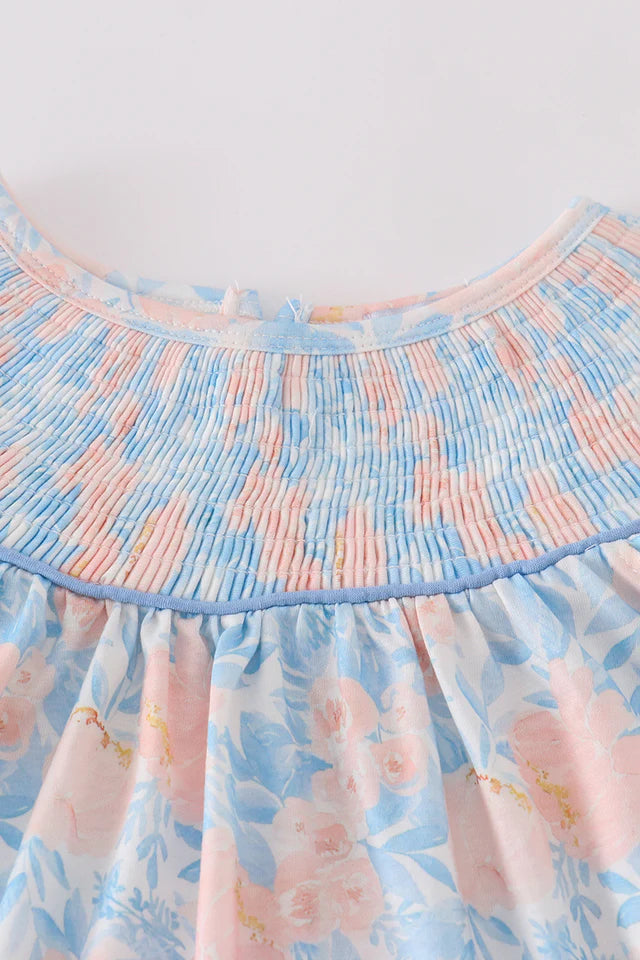 BLUE BLOOM ELEGANCE SMOCKED RUFFLE BUBBLE