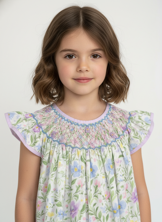 Beautiful floral Handsmocked Dress with intricate handsmocking details