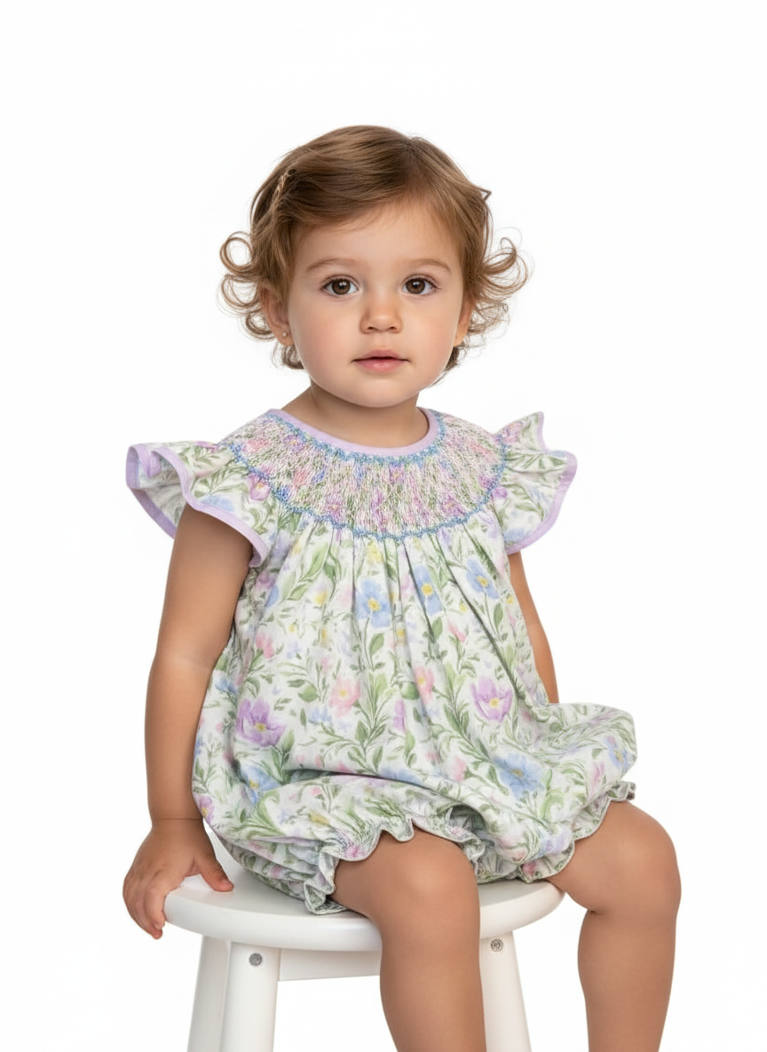 Beautiful floral handsmocked bubble with intricate flower designs